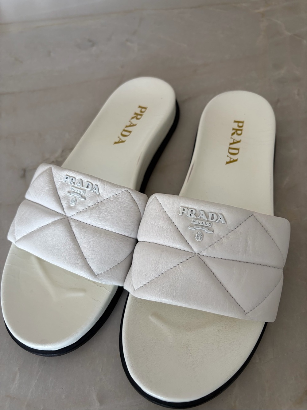 Prada White Quilted Leather Slide  with Gold Logo 8.5